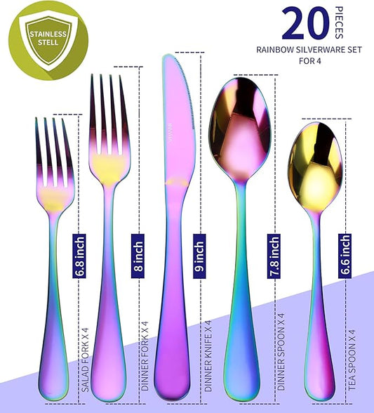 VIVANI Emilian 20 Piece Rainbow Silverware Set, Premium Stainless Steel Flatware Cutlery Set, Service for 4 for Home & Restaurant Mirror Polished, Dishwasher Safe