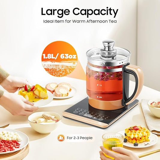 Bepritm 1.8L Multifunctional Electric Glass Kettle & Health Pot – 100-800W Hot Tea Maker, Auto Boiling Water Kettle with Filter, for Coffee, Herbal Decoction & Soup (110V) (Brown)