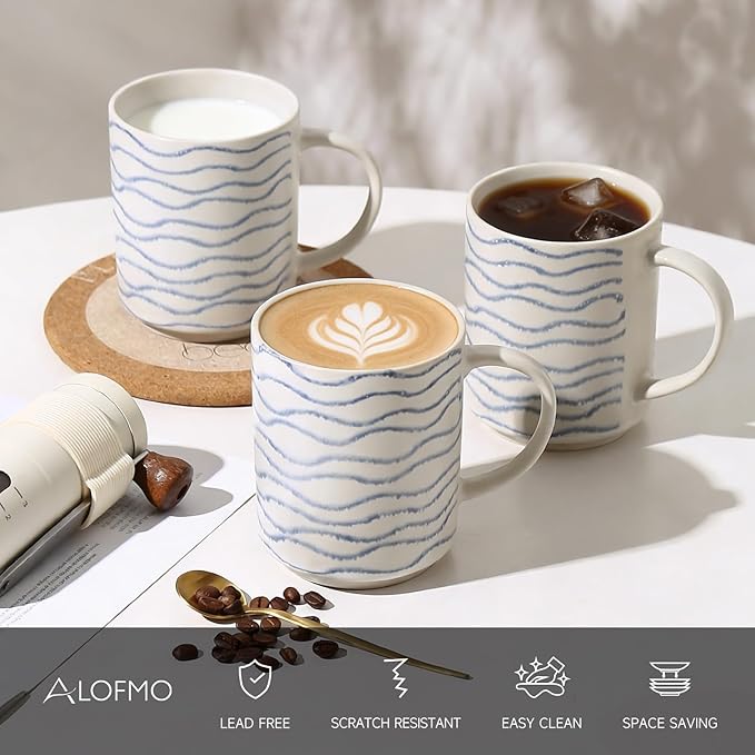 Ceramic Mugs Set of 6, 17oz Coffee Mugs with Handpainted Blue Stripe Pattern, Modern Stackable Coffee Cups, Dishwasher and Microwave Safe Mugs for Coffee, Tea, Milk