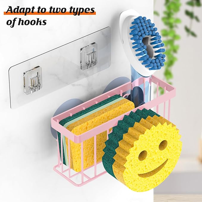 Sponge Holder Smiley Face, Sink Organizer with 2 Suction Cups/1 Adhesive Strips,Designed for Sponge,Soap,Dish Brush,Scrubber - Pink
