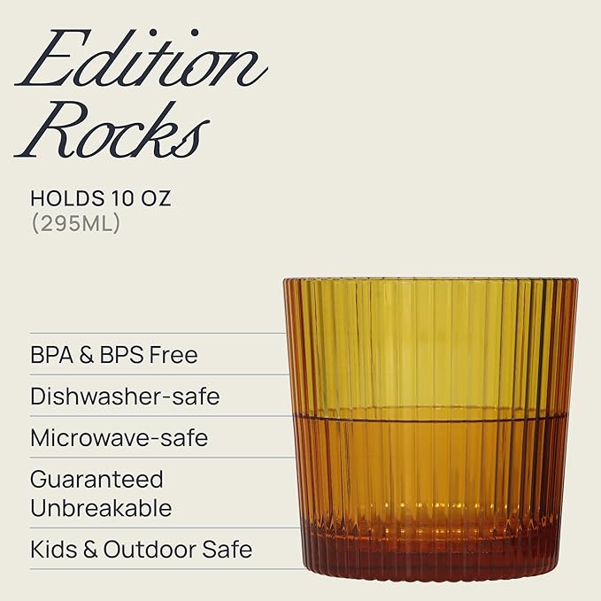 Drinique Unbreakable Edition Rocks 10 oz Tritan Renew Plastic Cocktail Glass Amber 4-Pack
