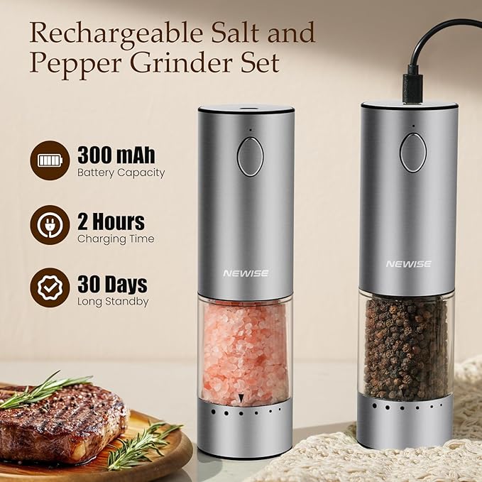 Electric Salt and Pepper Grinder Set - Valentines Day Kitchen Gifts for Him, Rechargeable with LED Lights, Stainless Steel Automatic Mill, Adjustable Coarseness, Large Capacity, Silver