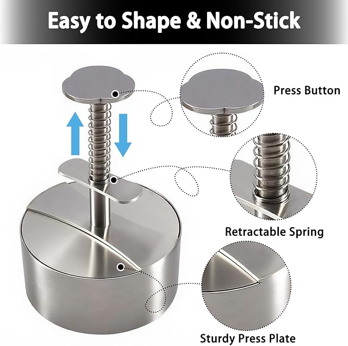 304 Stainless Steel Burger Press, Heavy Duty Adjustable Hamburger Meat Press Maker, Non-Stick Stuffed Patty Molds with150 PCS Hamburger Patty Paper for Beef, Vegetables, Meat, BBQ, Party Grill