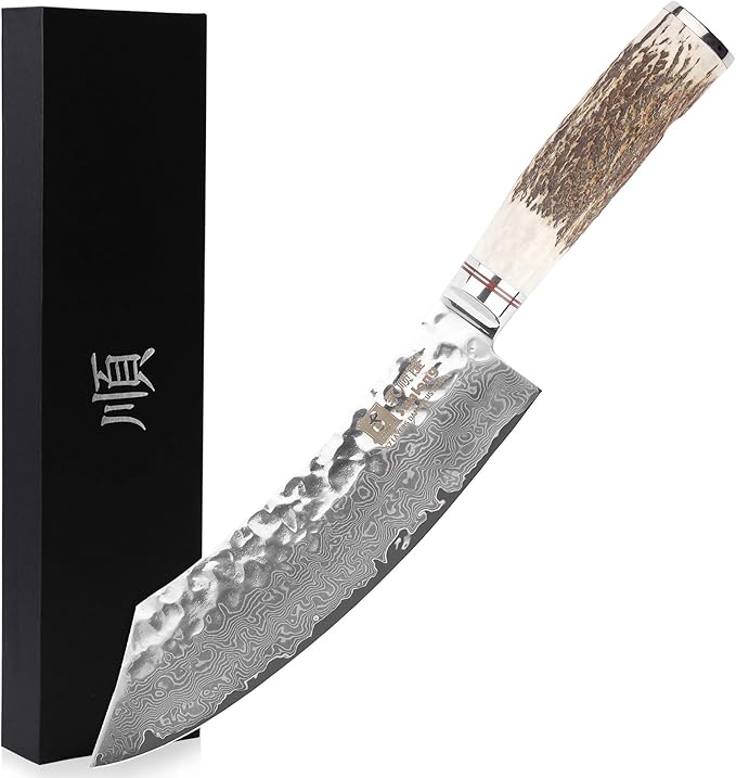 SUNLONG Butcher knife 8 inch Hybrid cleaver - Razor sharp - Japanese Damascus steel - Ergonomic Antler Handle
