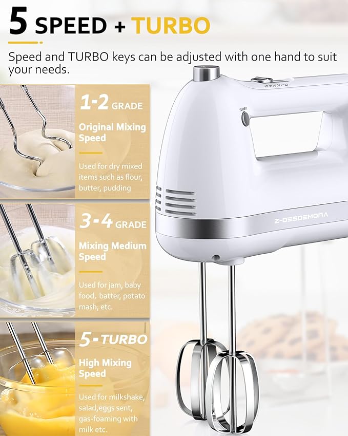 Z-DESDEMONA Electric Hand Mixer, Powerful 300W Hand Mixer Electric Handheld with 304 Beaters, Dough Hook,Hand Held Mixer with Turbo for Baking Cakes, Eggs, Cream Food(White)