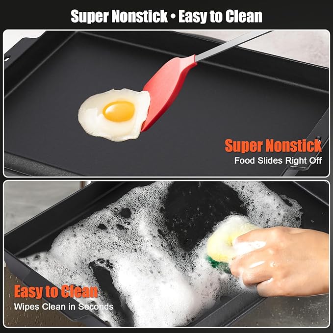Updated Cast Iron Griddle for Gas Grill, 23" x 16" Large Matte Porcelain Enamel Griddle for Gas & Charcoal Grills, Universal Flat Top Plate with Extra High Sidewalls for Camping, Tailgating, Parties