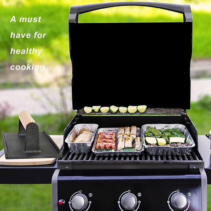 HaSteeL Bacon Hamburger Press for Griddle Flat Top Teppanyaki, Pre Seasoned 8 x 4In Cast Iron Grill Weight with Wooden Handle, Perfect for BBQ Steaks Pannis Sandwiches Meats - 1Pk