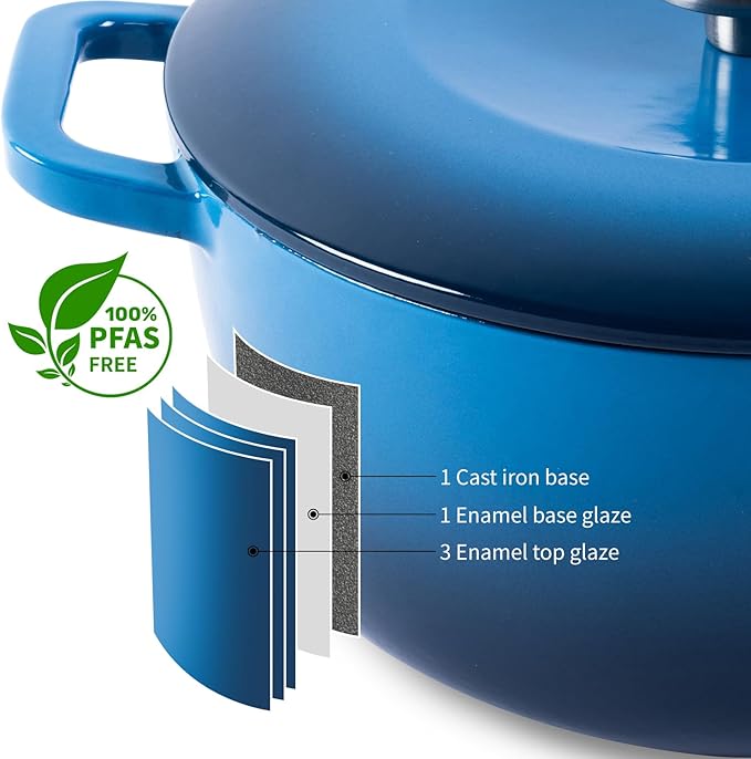 WOKINS Enamel Cast Iron Dutch Oven with Lid,Dual Handles,Heavy-Duty Cookware for Sourdough Bread Baking,Braising,Stews,Roasting,Oven Safe up to 500° F,5QT,blue