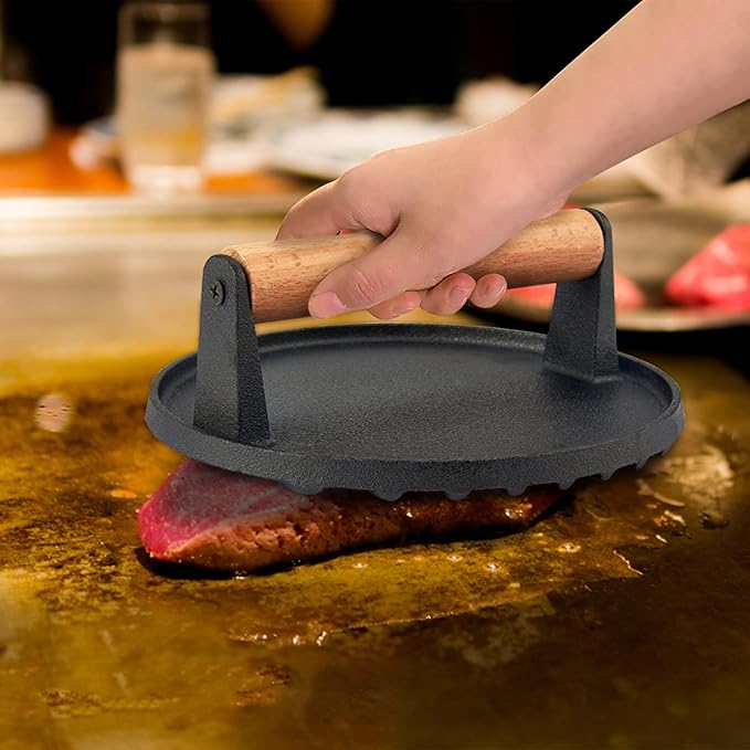 7 Inch Cast Iron Burger Press, Leonyo Smash Burger Press Weight, Heavy-Duty Hamburger Smasher Tool Griddle Accessories Kit for Cooking Bacon Steak Sandwich, Outdoor BBQ Grill - Round