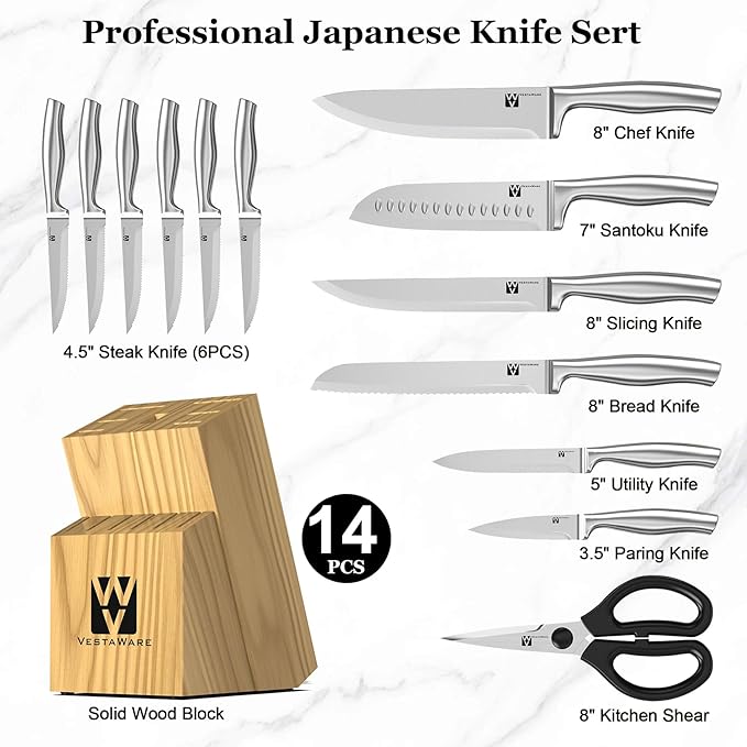 14 Pieces Knife Set with Block, Premium Knives Set For Kitchen, Knife Block Set Stainless Steel With Steak Knives, Dishwasher Safe, Ergonomic Handle, Natural Wooden Block, Gifts For Women