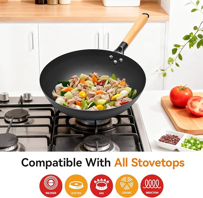 VIVIDCOOKWARE 12.6" Carbon Steel Wok Pan, Flat Bottom Stir Fry Wok with Spiral Thread Interior, Coating‑Free Naturally Seasoning Wok, Compatible with Gas, Electric & Induction Cooktops
