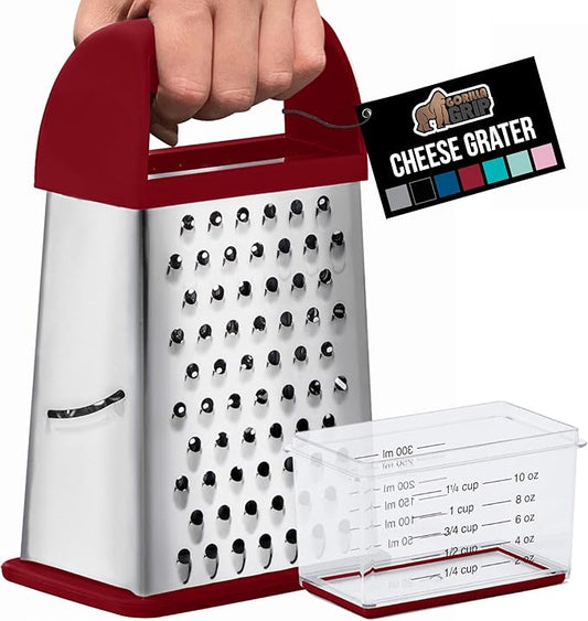 GORILLA GRIP 4-Sided Stainless Steel Cheese Grater With Container, 100% BPA-Free Box Grater, Slip Resistant Base and Handle, Grate Parmesan, Hard Cheeses, Shred Vegetables, Dishwasher Safe, Red