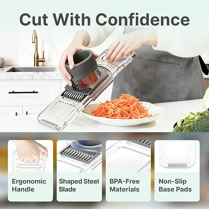 6-in-1 Mandoline Slicer for Kitchen - Easy to Use Vegetable Chopper & Compact Julienne Slicer with Safe Guard & Crystal Clear Body - Handheld Food Slicer Cutter for Healthy Salad, Potato, Onion