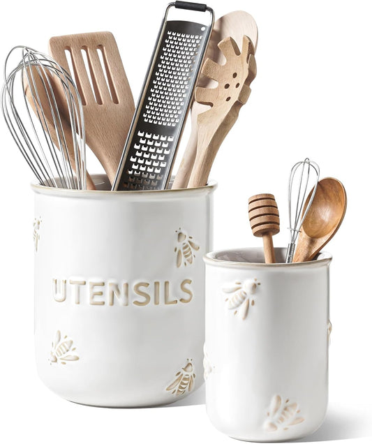 LE TAUCI Utensil Holder for Kitchen Counter - 6.9"+5.3" Ceramic Kitchen Utensil Holder Set of 2, Large Cooking Utensil Crock & Organizer for Spatula, Spoon - Embossed Kitchen Decor, White,Bee
