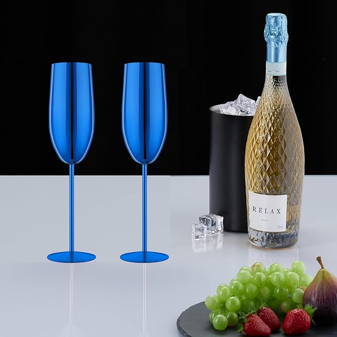 Stainless Steel Champagne Flutes Set of 4-Wedding &Birthday Gifts,8.5 Oz Unbreakable Champagne Glass with Long Stem,Reusable Indoor Outdoor Drinkware (Blue)