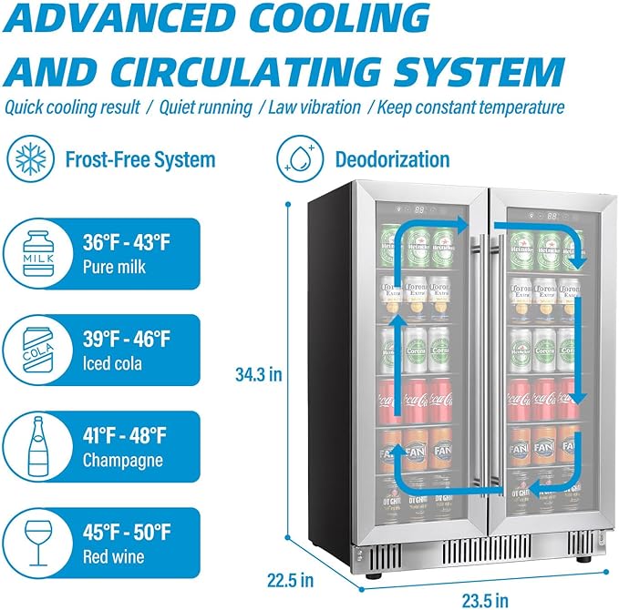 24 inch Beverage Refrigerator Cooler, 5.4 Cubic/176 Can Large Fridge Dual Zone with Glass Front Door, Under Counter Small Refrigerator with Adjustable Shelves and Digital Display