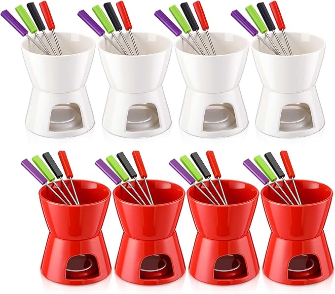 Mudder 8 Pcs Mini Fondue Pot Set with 32 Color Coded Forks Valentine's Individual Porcelain Tea Light Melting Mugs for Chocolate Cheese Dessert Small Fondue Pot for Tapas Gifting(Red White)
