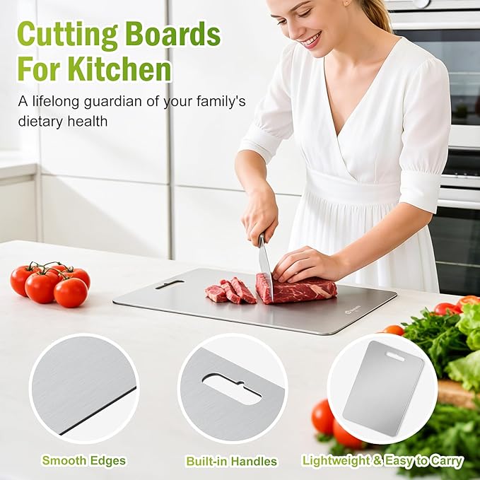 Titanium Cutting Boards Set of 3, 100% Pure Titanium Cutting Boards for Kitchen, Dishwasher Safe & Hygienic Chopping Boards for Separating Raw Meat, Fruits and Vegetables, Odor free & Knife Friendly