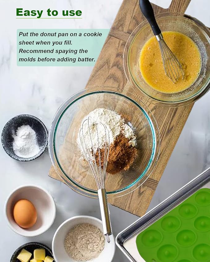 Sinoskye Mini Donut Pan for Baking, 2 Pack Donut Mold Silicone Doughnut Pan for Making Donut, Bagels, Cake, BPA Free, Green