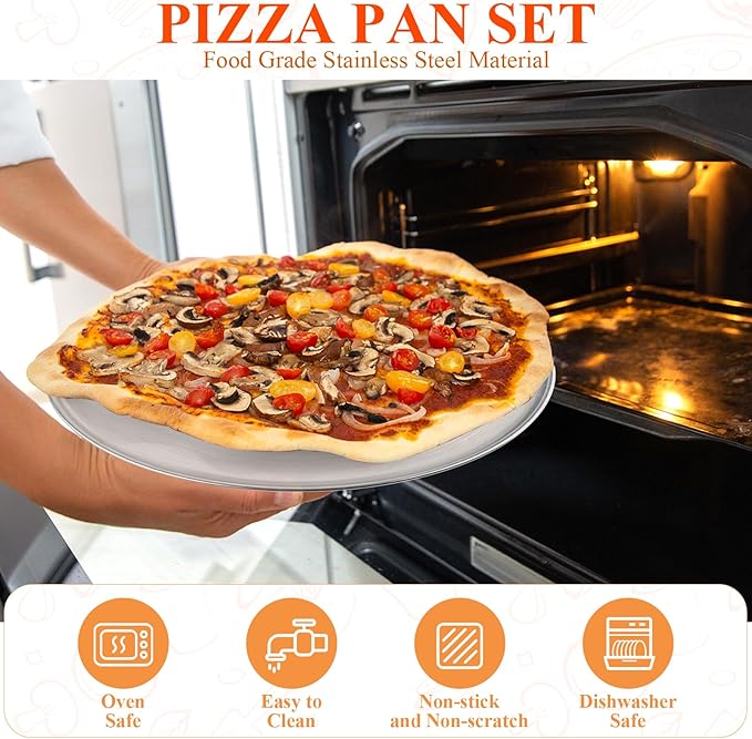 Milkary 8Pcs 12 Inch Pizza Pan, Stainless Steel Pizza Serving Tray with 4pcs Pizza Spatula, Round Non-Stick Coating Pizza Plate for Baking Cake Pie Serving Tableware Kitchen Home Restaurant