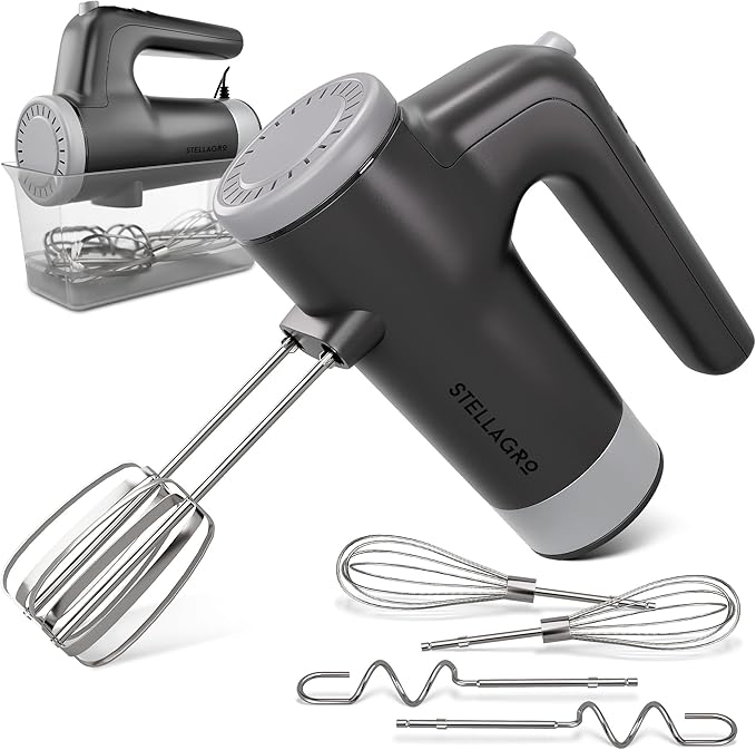 Stellagro Electric Hand Mixer 9 Speed with Stainless Steel Whisk, Flat Beater & Dough Hook, Snap Storage Case, Compact Lightweight 350 W Powerful handheld mixer for Baking & Cooking, Gray