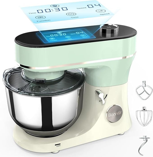 Bonnor Stand Mixer, 6QT Electric Kitchen Mixer for Baking Cakes & Dough, LED Smart Touchscreen, 11-Speed Tilt-Head & Timer, 4 Presets, Mixer with Bowl, Dough Hook/Whisk/Beater, Green