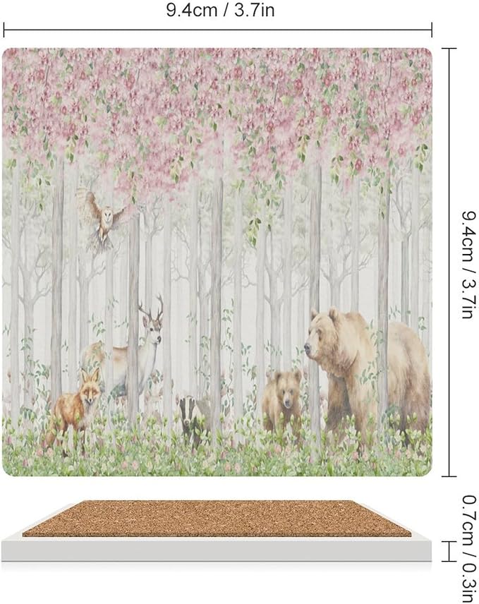 Square-4PCS Forest Drink Coasters, Square Modern Ceramic Absorbent Coasters, Cartoon Nature Forest Flower Animal Bear, Deer, Fox, Rabbit Decor Desk Coffee Table Coaster for Beverage Cup Tea Coasters