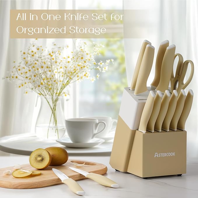 Astercook Kitchen Knife Set with Block and Sharpener 15 Piece Knives Set with Ceramic Coating German High Carbon Stainless Steel Knives Sharp Blade Dishwasher Safe Deba Knives with Ergonomic Handle