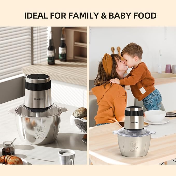 COOKZHOM Food Processor,Electric Food Chopper with 500W Stainless Steel Motor & 2 Sharp Blade Sets, 8-Cup Stainless Steel Bowl for Meat, Vegetables, Fruits and Nuts