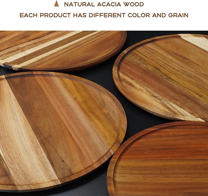Set of 2 Round Wooden Decorative Serving Tray 13.8 Inch for Coffee Table and Home Decor, Round Wood Tray for Table Centerpiece, Small Candle Tray, Acacia, Appetizer Charcuterie Board