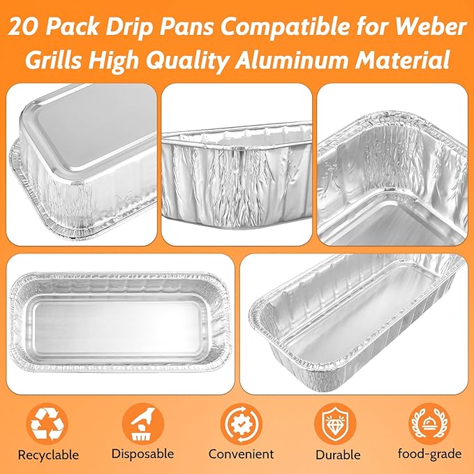 Whaleme 20 Pack Grill Drip Pans, Aluminum Foil Drip Pan Grease Catcher Cup Liner Compatible with Weber SmokeFire EX4/EX6/EPX6, Summit & Genesis II 400/600 Series, 11 x 5” Disposable Grill Grease Tray