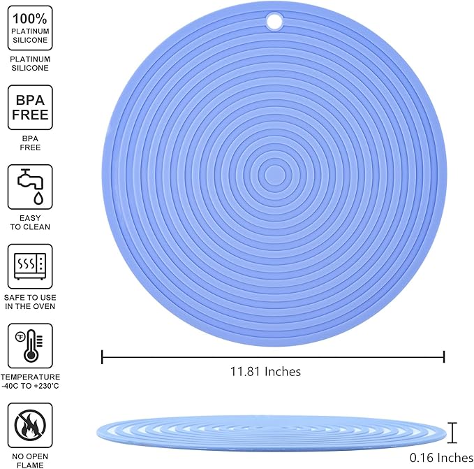 Grey Silicone Trivets Mats for Hot Pots and Pans, Heat Resistant Mats Pot Holders, Flexible Hot Pads for Kitchen Table, Non Slip Silicone Mats, Dia11.81 Big Round Microwave Cover Mats Set 2
