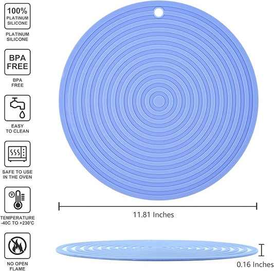 Grey Silicone Trivets Mats for Hot Pots and Pans, Heat Resistant Mats Pot Holders, Flexible Hot Pads for Kitchen Table, Non Slip Silicone Mats, Dia11.81 Big Round Microwave Cover Mats Set 2