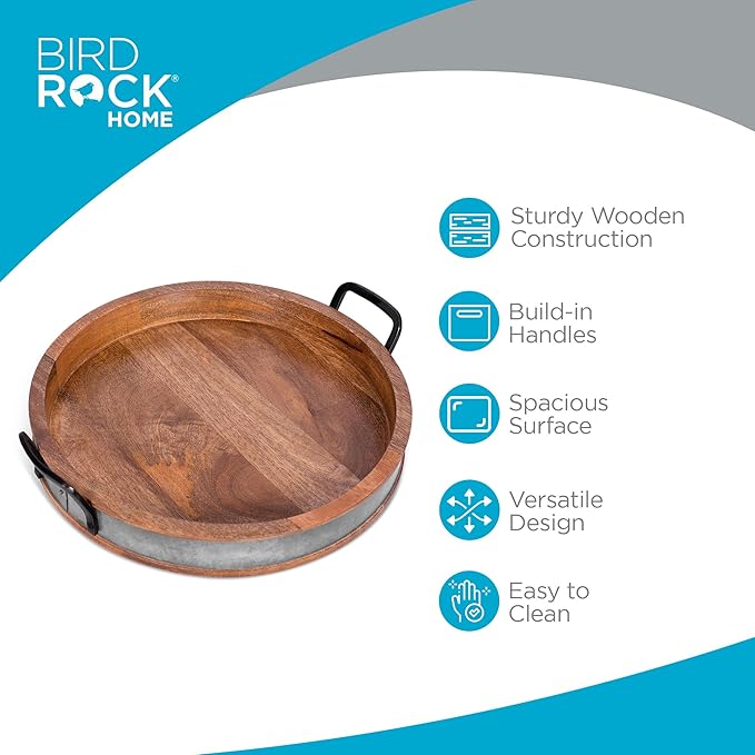 BIRDROCK HOME Large Round Wooden Serving Tray with Handles & Iron Accents - Round Barrel Tray for Living Room, Kitchen, Coffee Table Decor, Breakfast, Cheese Board & Bar - Tray Platter in Lap & Couch