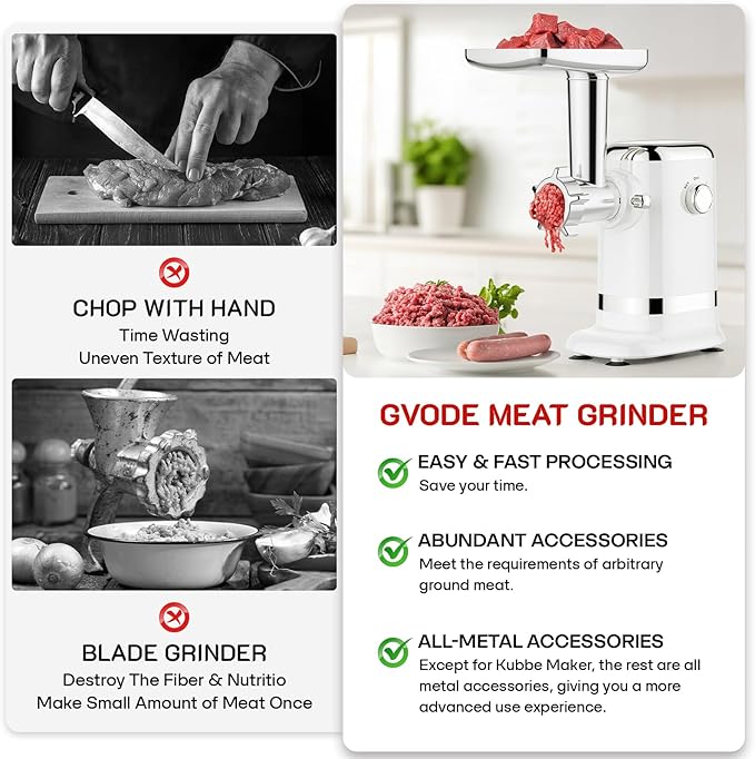 GVODE Meat Grinder & Sausage Stuffer - 2800W Max Power, 3 Sausage Tubes, 2 Blades, 4 Plates - Home Use Meat Smasher for Ground Beef & Sausage Maker Machine
