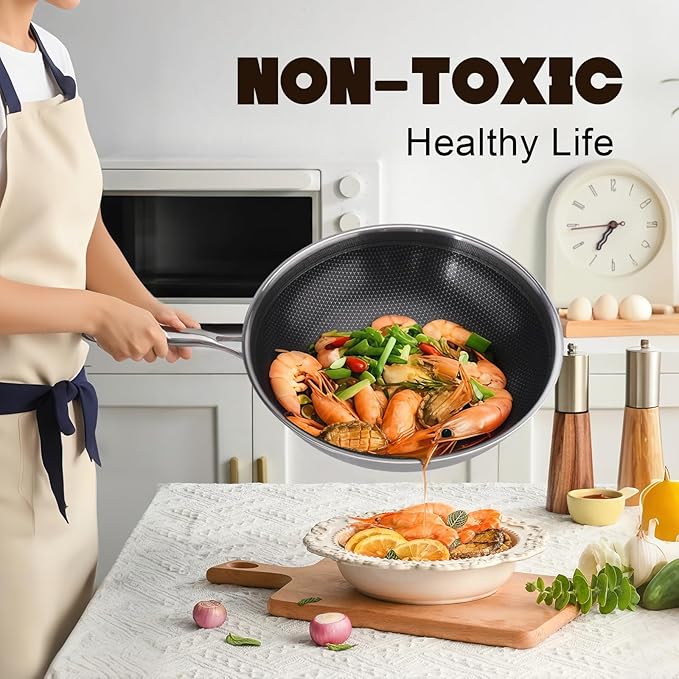 RisenutX Hybrid Wok, 13 inch Wok with lid,Stainless Steel woks & Stir-fry pans Non Stick, PFOA Free Cookware, Dishwasher and Oven Safe, Compatible With Induction