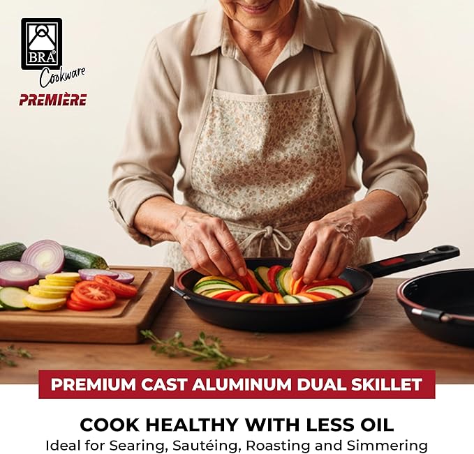 BRA COOKWARE Premiere Dual Skillet | 9.5 inches Double Frying Pan for Frittatas & Spanish Omelets | PFOA Free Triple Nonstick Coating | Full Induction Reversible Pan | Cast Aluminum Flip Skillet