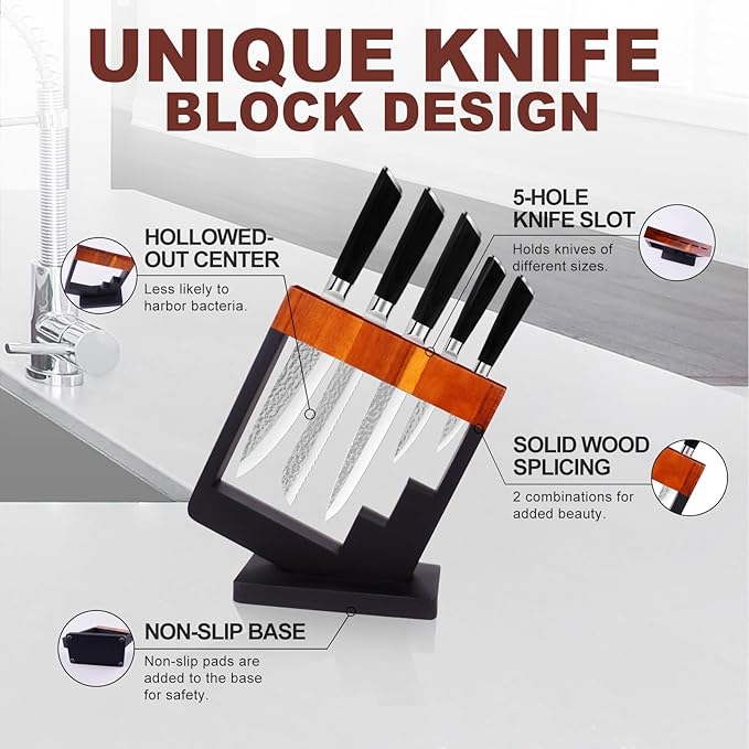 5-Piece Kitchen Knife Set with Block - Stainless Steel Sharp Blade, Wooden Handle Knifes Holder, Bread/Fruit/Meat/Chef Knives, Gifts for Women Men (Hammered Texture)-5