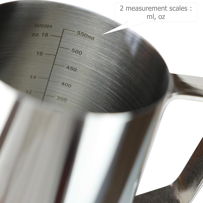 EIKS Stainless Steel Measuring Cup Steaming Pitcher Milk Frothing Jug with Handle, Pour Spout and ML/Ounce Scale (600ml)