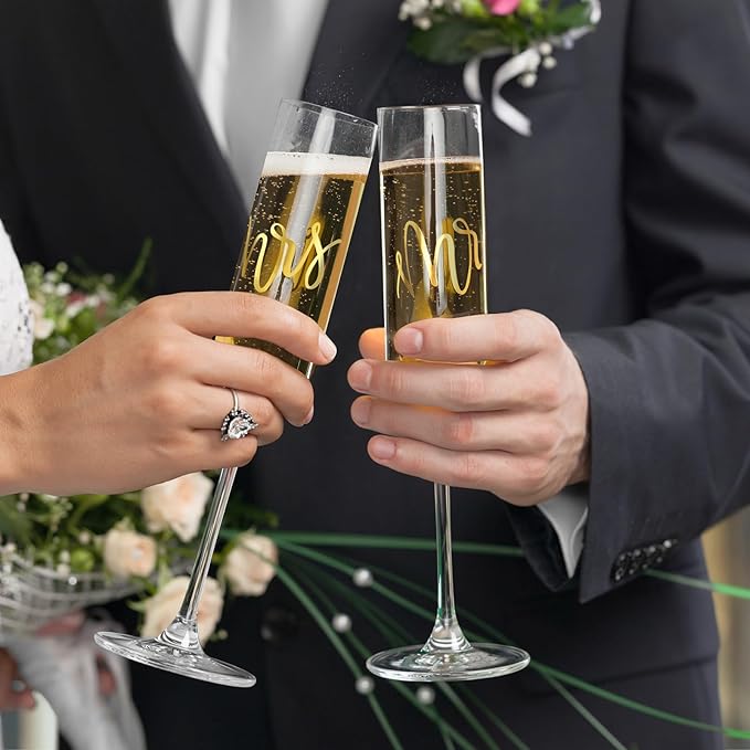 AW BRIDAL Mr and Mrs Champagne Flutes Set of 2, Engagement Bridal Shower Gifts for Couple Newlyweds, Wedding Anniversary Toasting Glasses with Wooden Box for Bride Groom
