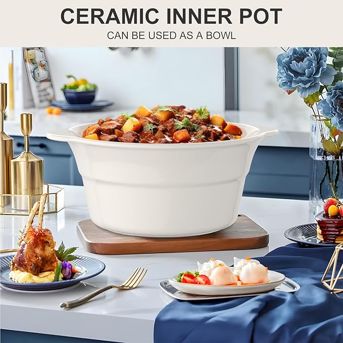 MAGNIFIQUE Small 5 Quart Round Casserole Programmable Slow Cooker with Glazed Ceramic Liner, Food Warmer Perfect Kitchen Small Appliance for Family Dinners, White