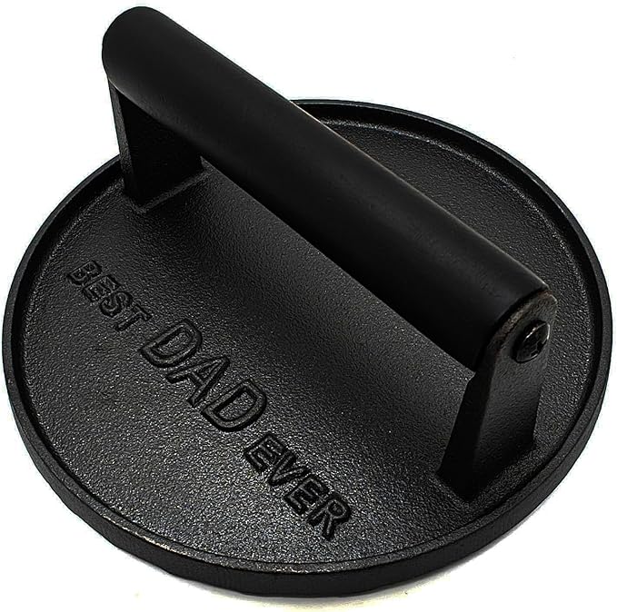 BEST DAD EVER Heavy Duty Cast Iron Grill Press Burger Press Bacon Press Barbecue Press Meat Press Burger Smasher Griddle Press Round Garlic Press with Anti Scalding Wooden Handle Gifts for Dad(7”)