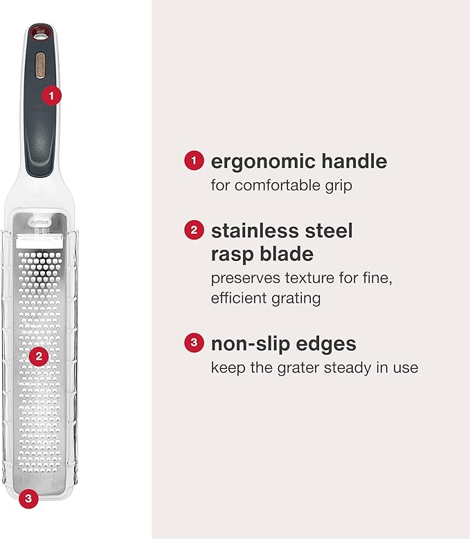 Zyliss SmoothGlide Rasp Grater – Fine Handheld Grater & Citrus Zester with Razor Sharp Stainless Steel Blade & Ergonomic Handle - Protective Cover with Measurements & Scraper - Handy Kitchen Essential