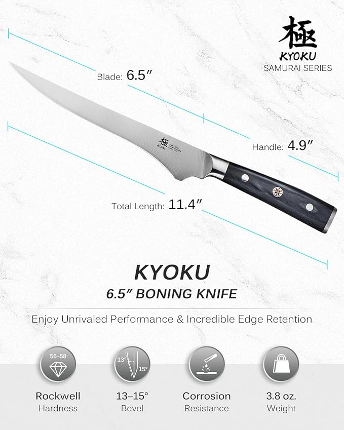KYOKU 6.5" Boning Knife for Meat Cutting, Samurai Series Filet Knife with Pakkawood Handle, Japanese Style High Carbon Steel, Full Tang Kitchen Knife for Lamb Chop Pork Shoulder with Sheath and Case