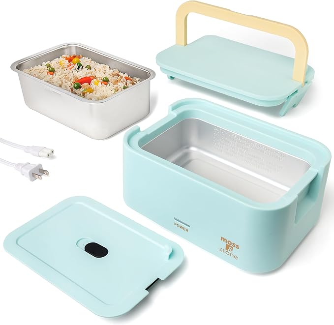 Moss & Stone Turquoise Electric Lunch Box Food Heater for Adults, 80W Portable Warmer for Work with 0.9L 304 Stainless Steel Container, 120V Green Heated Lunch Box Suitable for Dorms/Work/Gift