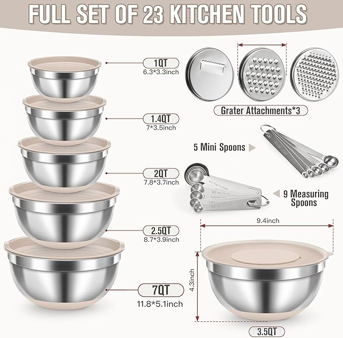 Mixing Bowls with Airtight Lid Set, 23PCS Stainless Steel Nesting Bowls with 3 Graters, Non-Slip Base, Large Prep Bowls 7, 3.5, 2.5, 2, 1.4, 1QT & 14 Measuring Spoons Great for Baking, Serving