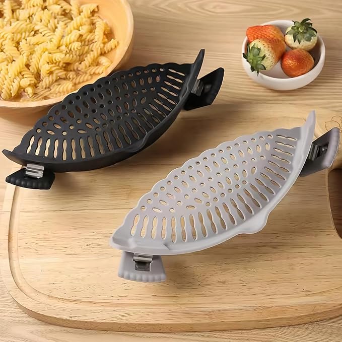 2 PACK Silicone Clip-on Strainer - Fits Pots, Pans & Pasta, Hands-Free Food Strainer for Ground Beef, Spaghetti, Pasta, Compatible with All Bowls and Pots (Black,Grey)