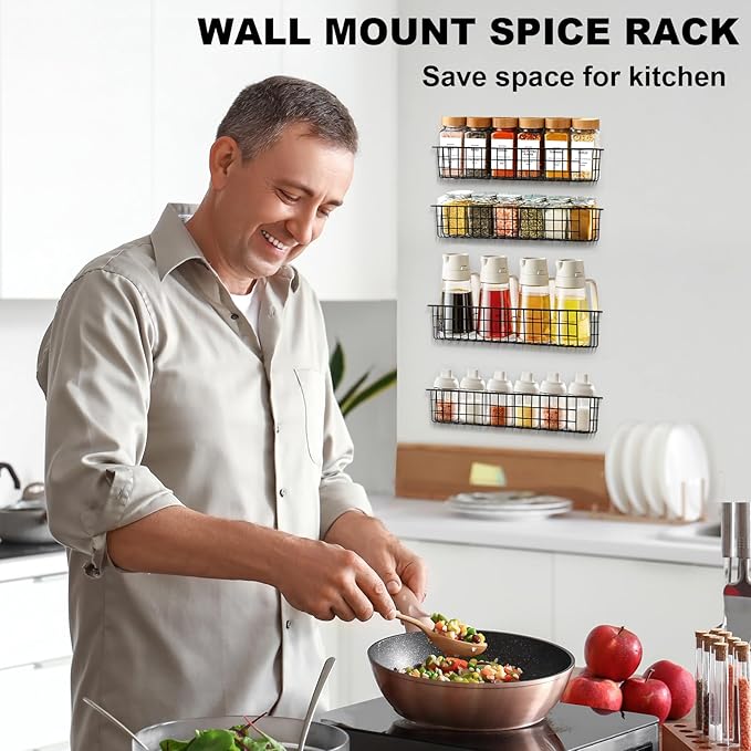 Spice Rack Organizer Wall Mount, 2 Pack Black Seasoning Rack Wire Storage Baskets for Wall or Cabinet Door in Kitchen and RV | Seasoning Rack, Kitchen, RV