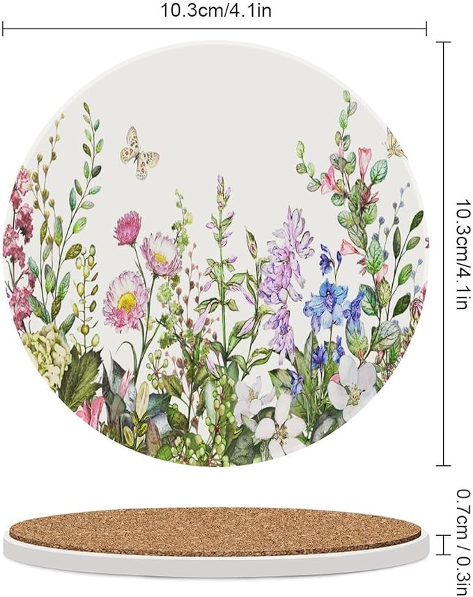 Floral Drink Coasters, Round Ceramic Drink Coaster Round-4PCS, Watercolour Flower Herb Nature Plant Floral Butterfly Decor Absorbent Ceramic Coasters for Beverage Cup, Bar, Coffee Table