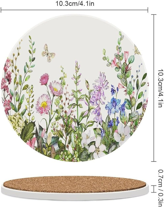Floral Drink Coasters, Round Ceramic Drink Coaster Round-4PCS, Watercolour Flower Herb Nature Plant Floral Butterfly Decor Absorbent Ceramic Coasters for Beverage Cup, Bar, Coffee Table